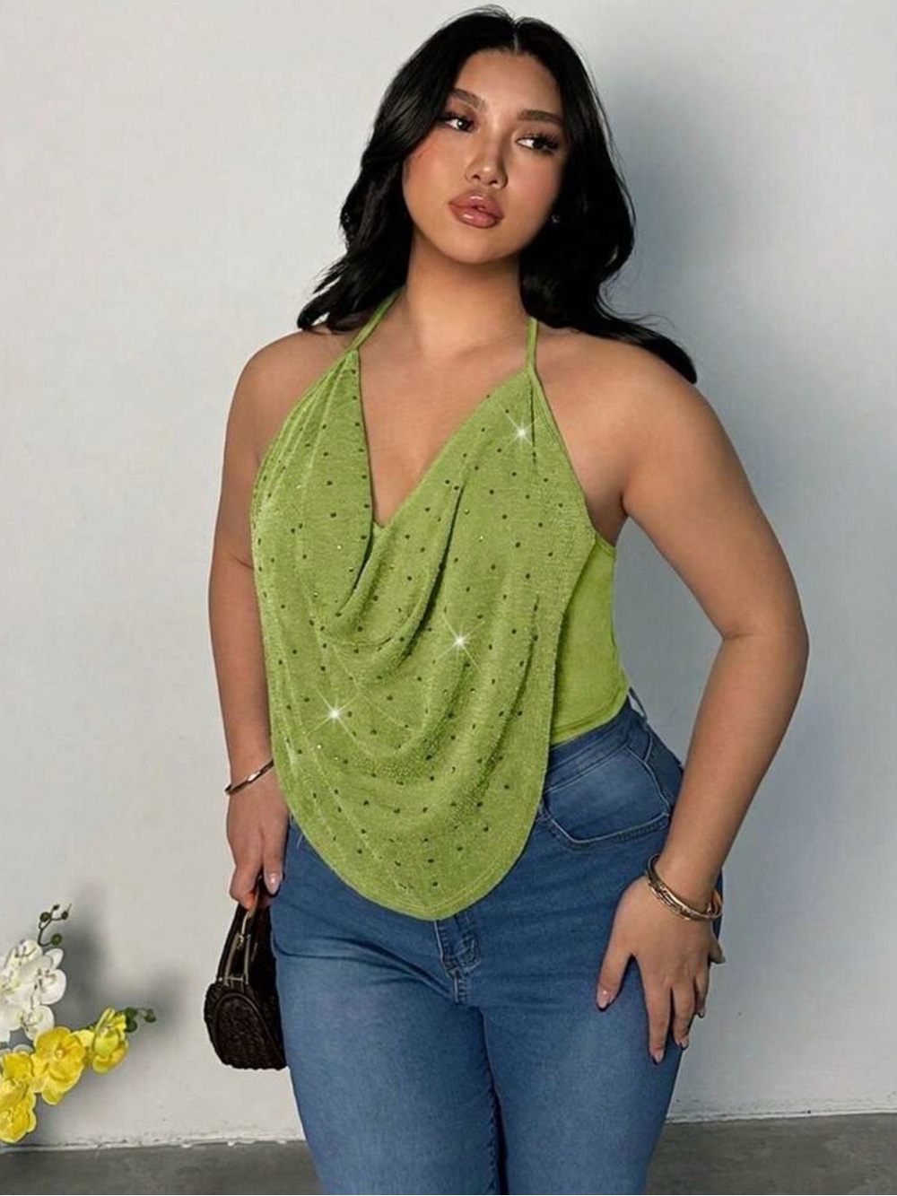 SHEIN Lime Green Sparkle Halter Drape Crop Top